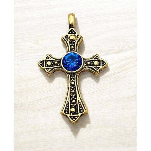 Elegant Gold Tone Cross Pendant with Blue Rhinestone Accent Christian Religious - Picture 1 of 6